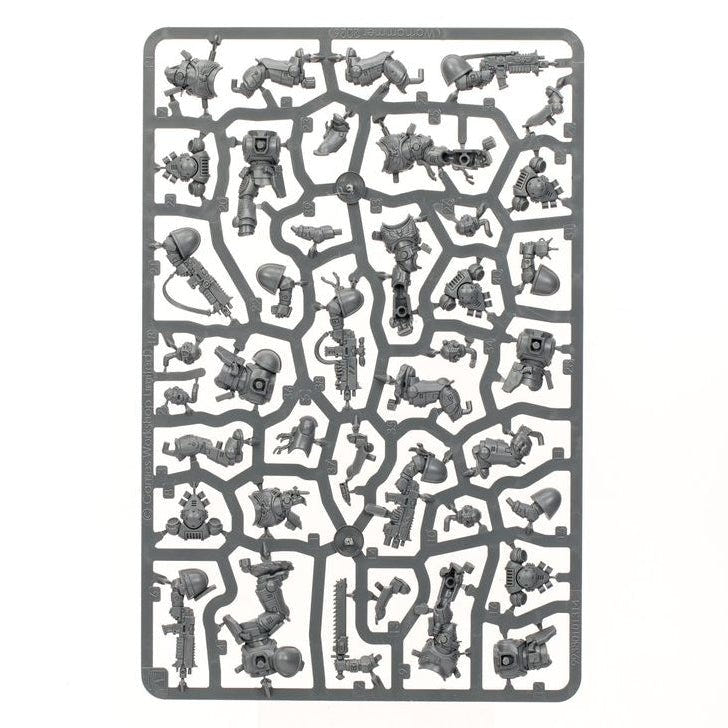 A rectangular gray plastic sprue containing numerous small unpainted miniature figures and accessories, isolated on a white background.
