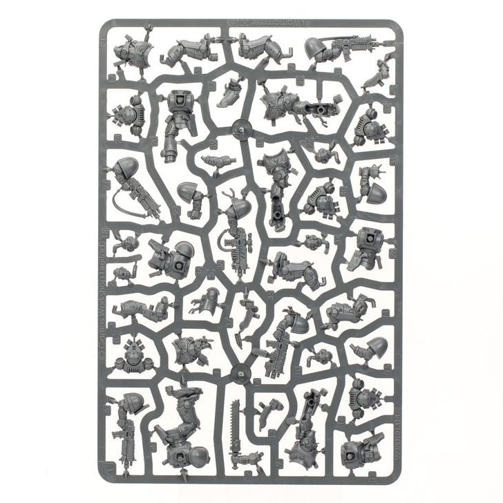 A rectangular gray plastic sprue containing numerous small unpainted miniature figures and accessories, isolated on a white background.