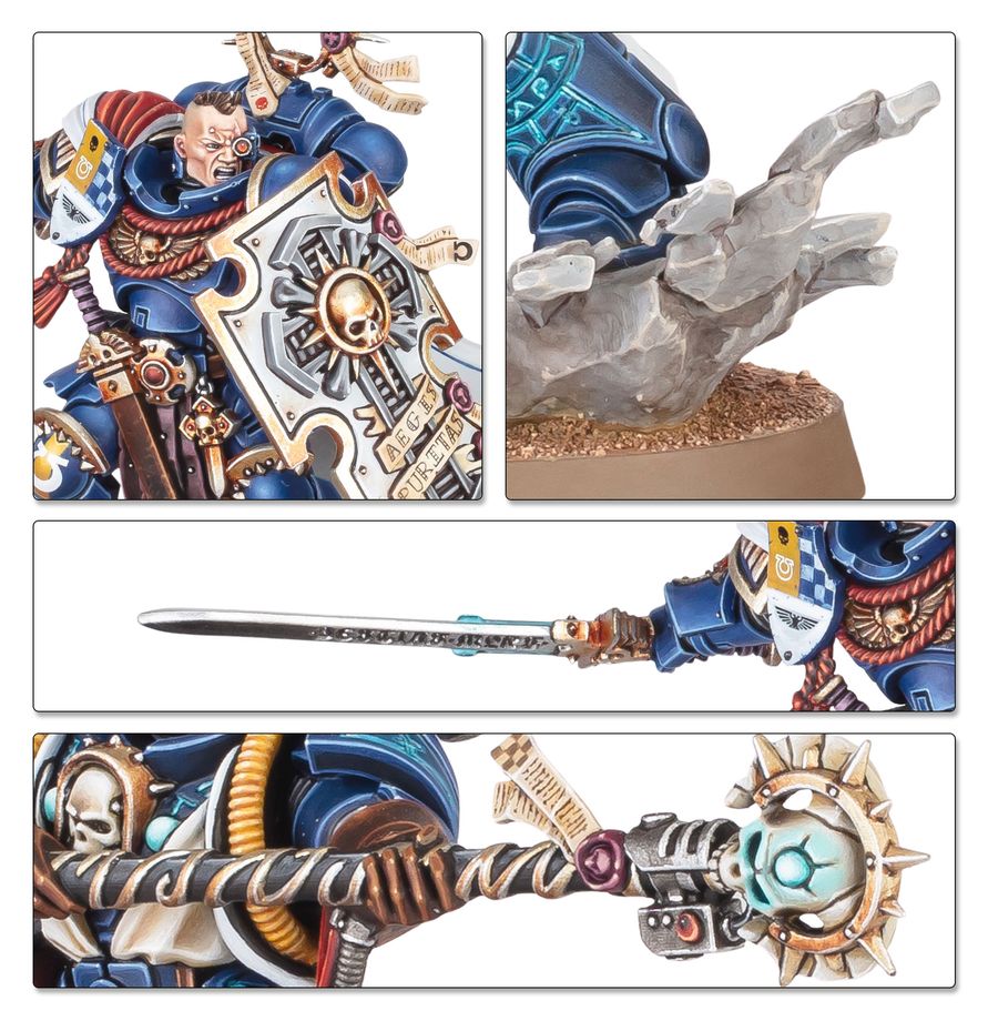 A four-panel close-up collage of a painted fantasy miniature figure, showing the face and shield, a close-up of the raised hand over a rock, the full weapon arm with sword, and the full weapon hilt with skull and decorative details.