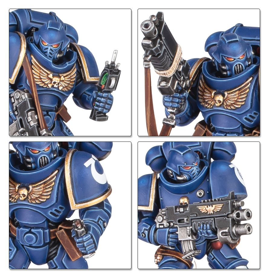 Four-panel close-up collage of a blue armored sci-fi character figure, showing different weapon and accessory views on a white background.