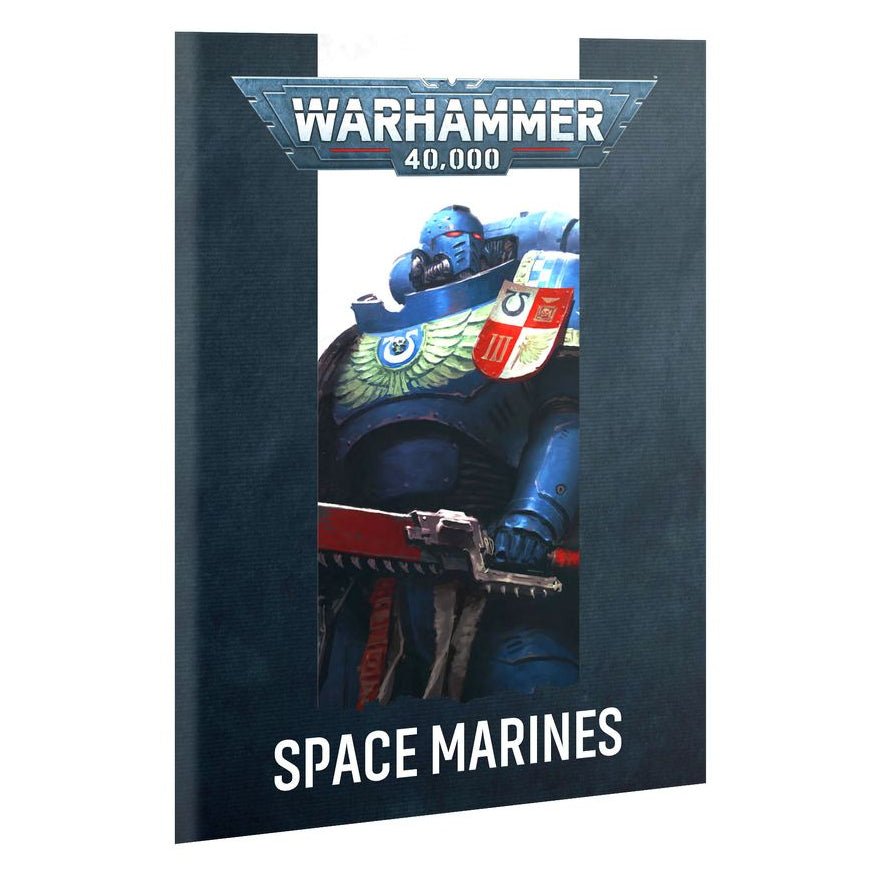 A Warhammer 40,000 Space Marines themed notebook or book cover shown at a slight angle on a white background. The cover features a dark textured blue-gray background with a central illustration of a Space Marine in blue armor holding a chainsword, with the Warhammer 40,000 logo at the top and 'SPACE MARINES' written at the bottom.
