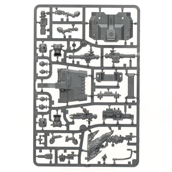 A gray plastic sprue containing multiple unpainted miniature model parts, shown against a plain white background.
