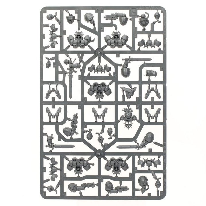 A rectangular gray plastic sprue containing multiple unpainted miniature parts, isolated on a solid white background.