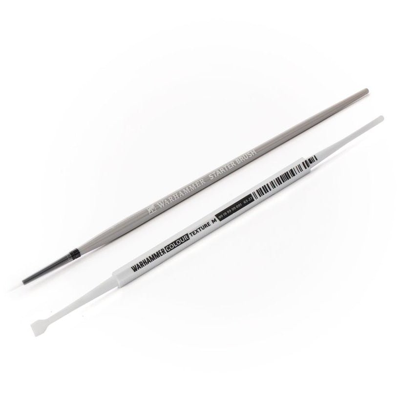 Two precision hand tools, a fine-tip metal screwdriver and a white plastic spatula, both featuring black printed barcodes and text on their shafts, displayed on a clean white background.