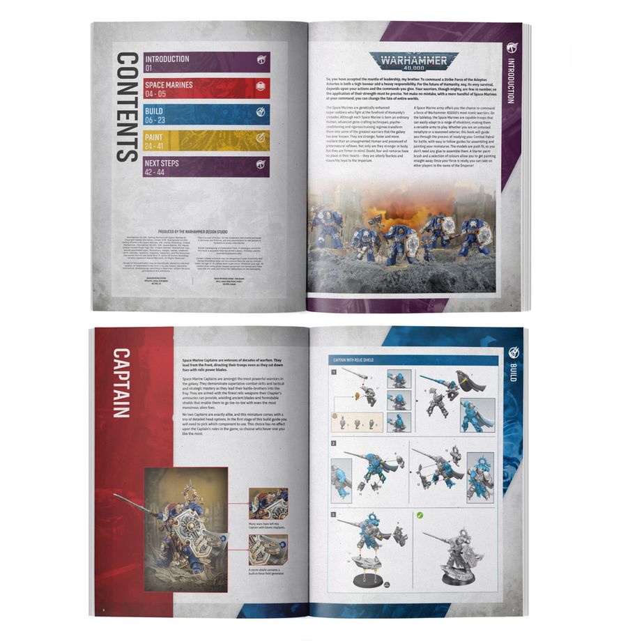 An open book or booklet showing printed pages with the title 'Warhammer' and sections including contents, a captain profile, and miniature assembly/illustration diagrams. No person, animal, or real environment is present.