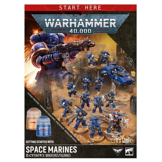 Front cover of the Warhammer 40,000 Space Marines starter box, showing painted miniatures, a blue vehicle, and two small storage boxes on a black background.