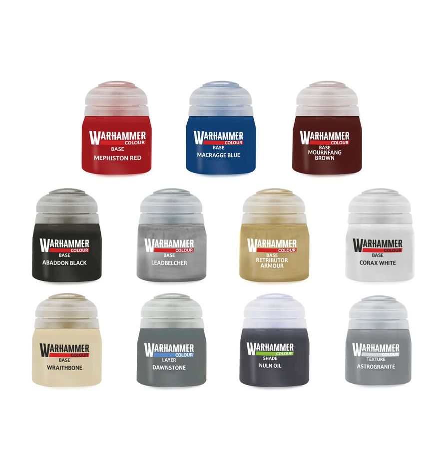 A 12-pack of Warhammer 40k Miniatures Enamel Paint bottles arranged in a 3x4 grid on a white background. The bottles display various paint colors including red, blue, brown, black, gray, gold, white, beige, and dark gray.