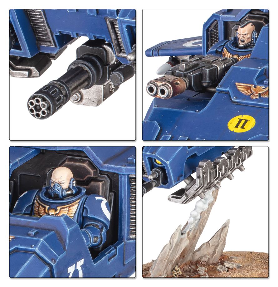 Four-panel close-up collage of a blue sci-fi miniature vehicle and pilot figure, showing a mounted gun, cockpit view with a painted helmeted character, and a weapon striking a rocky terrain detail on a white background.