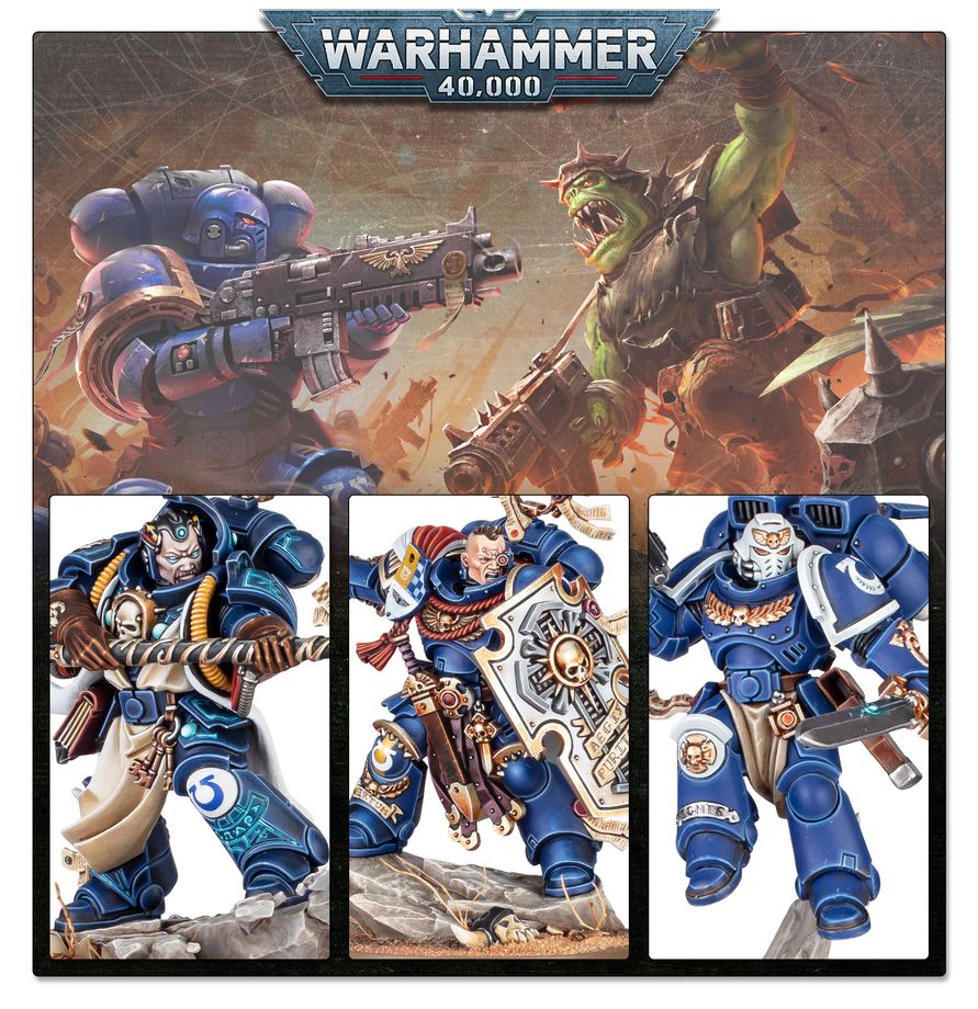 Warhammer 40,000 painted miniatures set featuring three Space Marine figures in blue armor, shown alongside a large illustrated background banner of a battle scene with a green goblin-like warrior and robotic combatants.