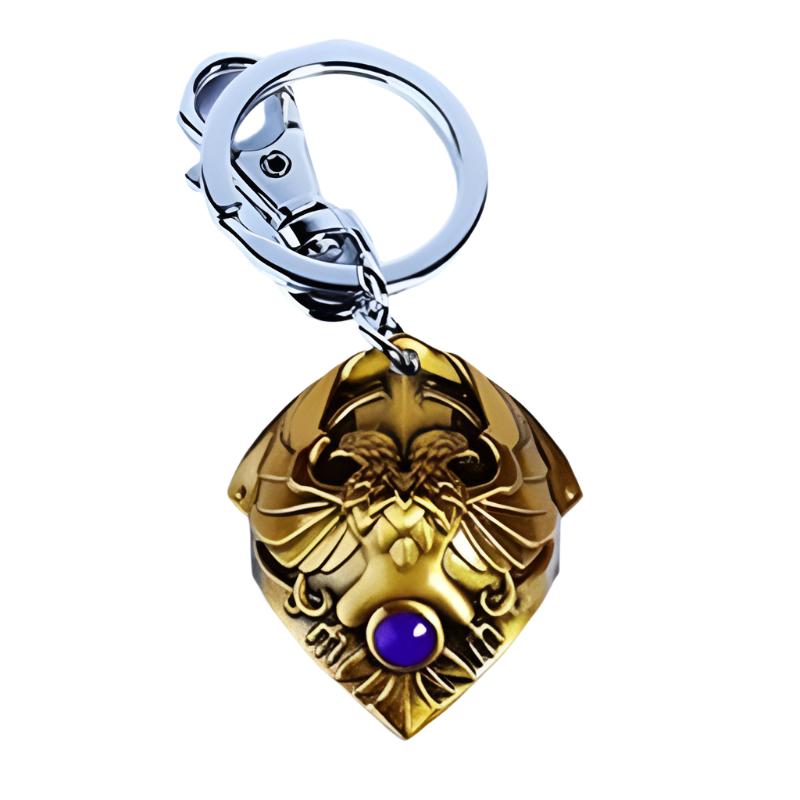 Warhammer 40,000 Custodian shoulder plate metal keychain in gold with purple gem