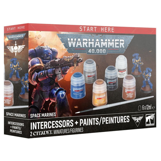 Warhammer 40,000 Intercessors + Paints box set, featuring a red, black, and white retail package with illustrations of Space Marines and six paint bottles shown on the front.