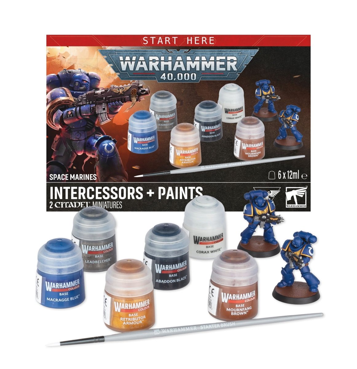 Warhammer 40,000 Intercessors + Paints kit for 2 Citadel miniatures, showing the retail box, six paint bottles, a brush, and two painted blue space marines on a white background.