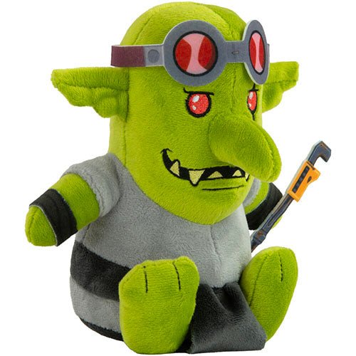 TOMY Spanna Grot plush, three-quarter view showing goggles and spanner