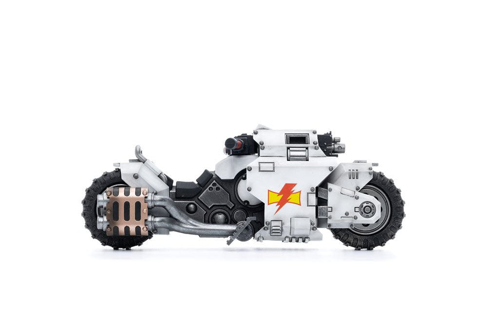 JoyToy White Scars Raider-pattern Combat Bike 22 cm, side view with exhausts at left, white background