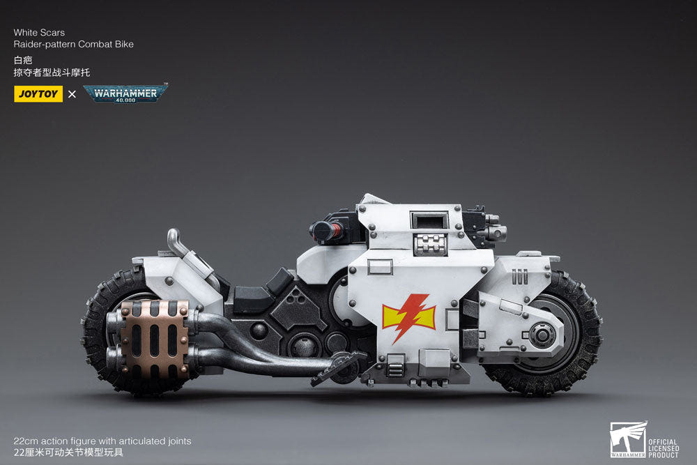 JoyToy White Scars Raider-pattern Combat Bike 22 cm, side view with exhausts at left, grey background