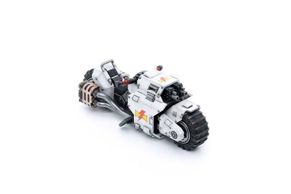 JoyToy White Scars Raider-pattern Combat Bike 22 cm, elevated rear three-quarter view, white background