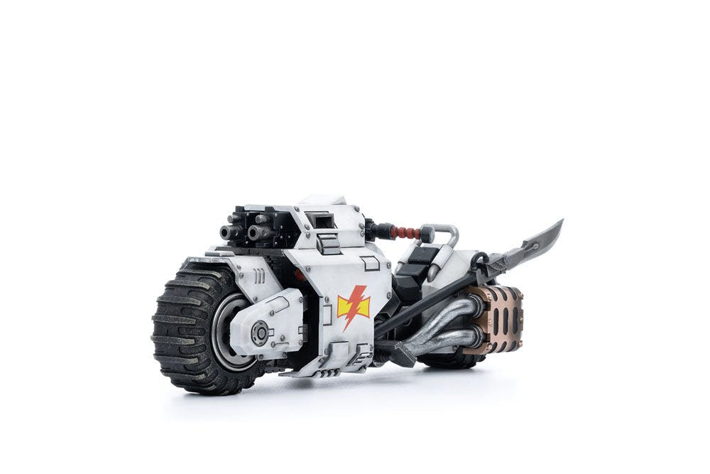 JoyToy White Scars Raider-pattern Combat Bike 22 cm, three-quarter view with blade prow, white background