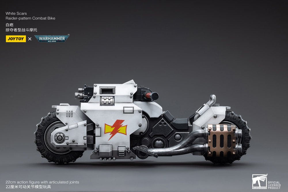 JoyToy White Scars Raider-pattern Combat Bike 22 cm, side view with exhausts at right, grey background