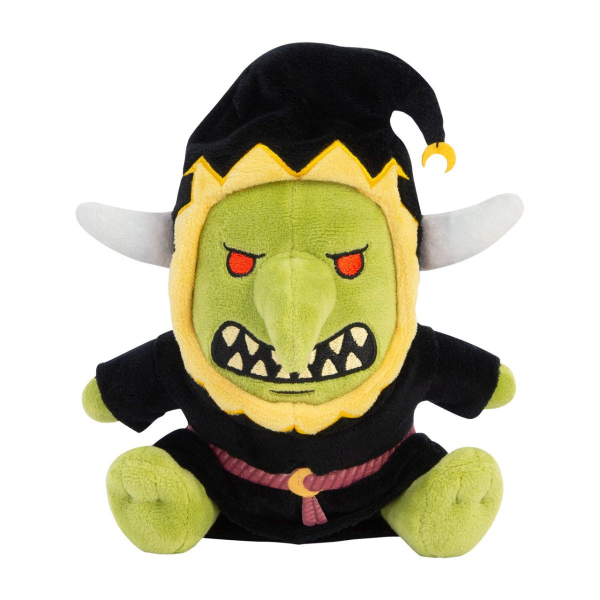 TOMY Warhammer Age of Sigmar Gloomspite Git plush in black hood, front view with red eyes