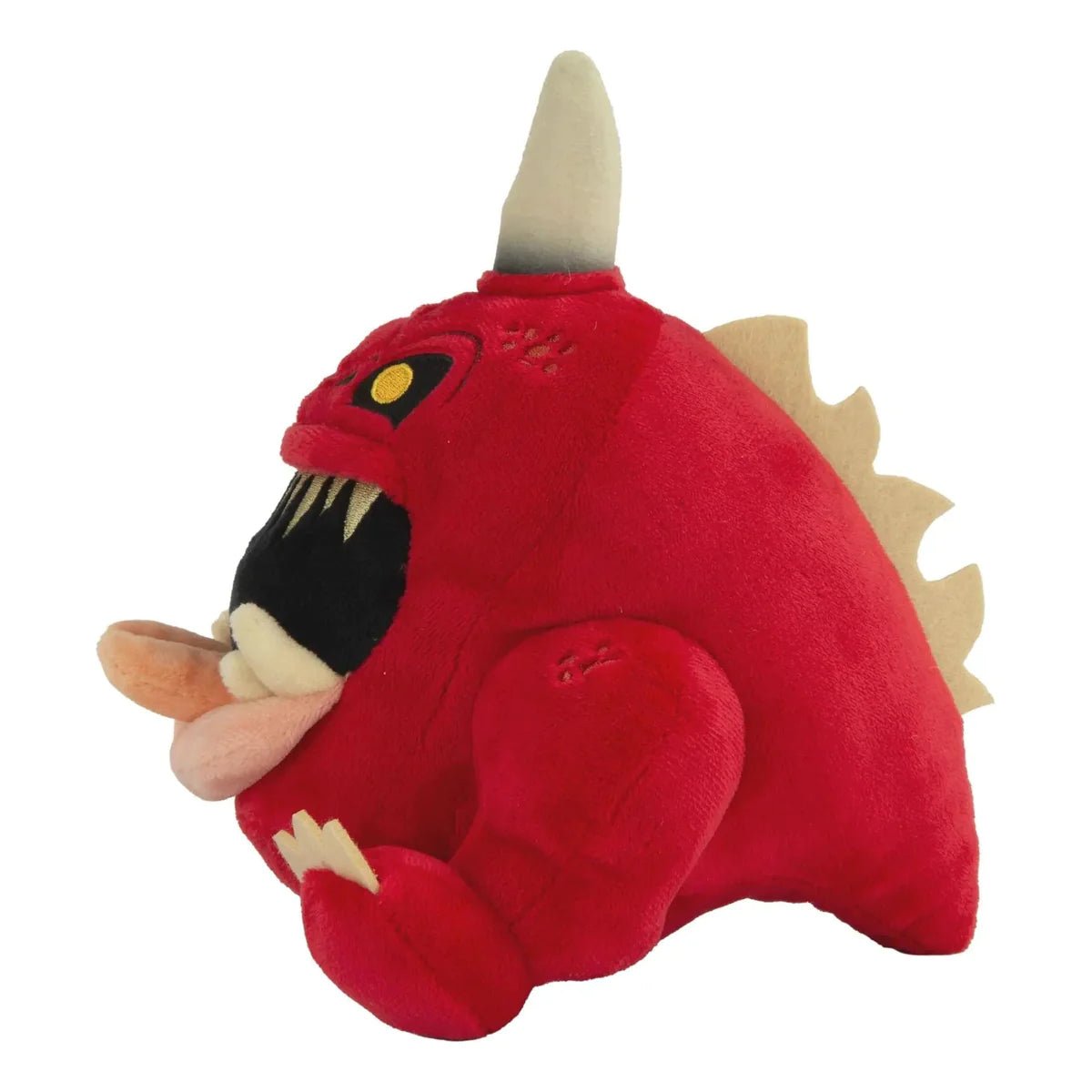 Side profile of the red Warhammer Age of Sigmar Gnasha-Squig plush with tongue out