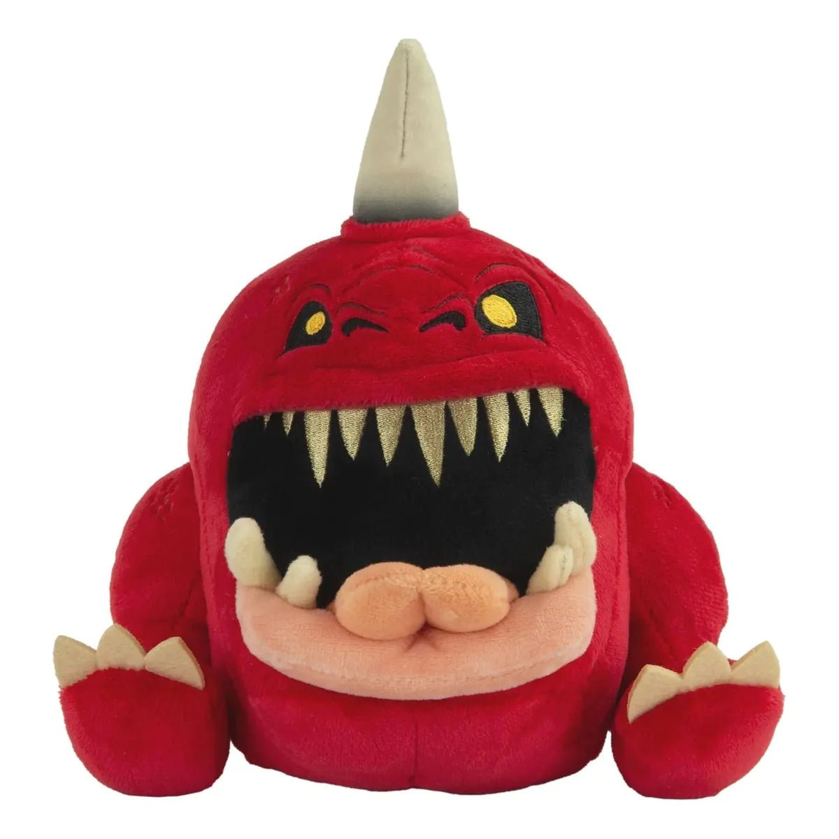 TOMY Warhammer Age of Sigmar red Gnasha-Squig plush with wide toothy grin, front view