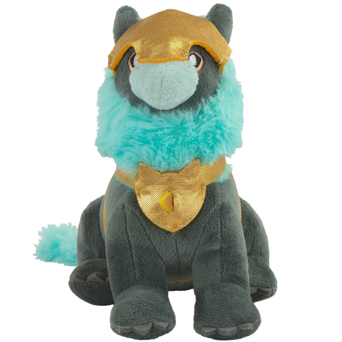 TOMY Warhammer Age of Sigmar Sacrosanct Gryph Hound plush with teal ruff and gold armour, front view