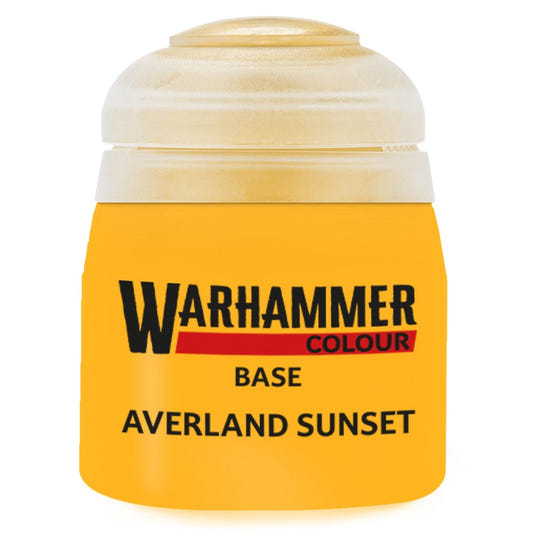 Warhammer paint can labeled 'Averland Sunset' on a white background