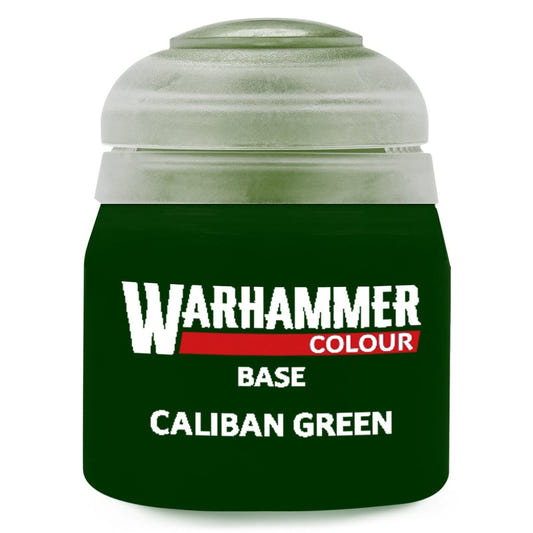 Green paint jar labeled 'Warhammer Colour Caliban Green' on a white background