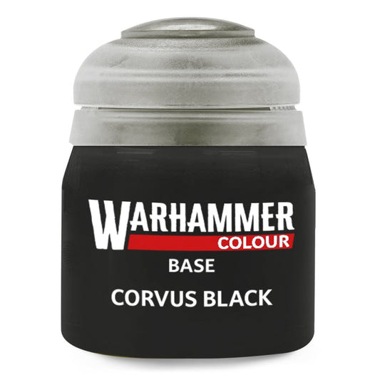 Warhammer Colour Base Corvus Black paint can on a white background