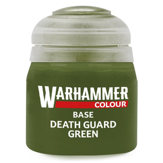 Green paint can labeled 'Warhammer Colour Base Death Guard Green' on a white background