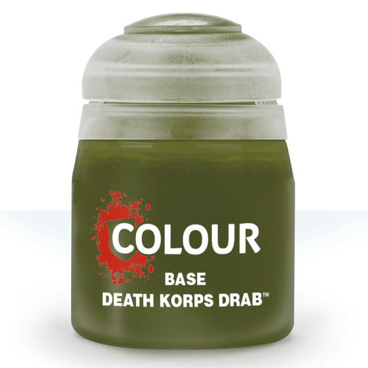 Green paint jar labeled 'Death Korps Drab' on a white background