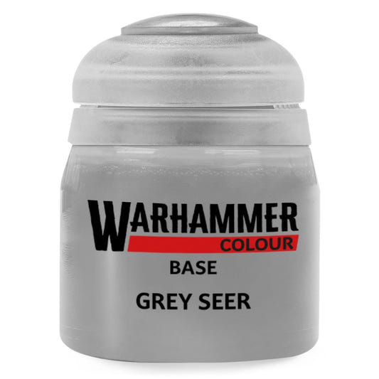 Warhammer paint can labeled 'Base Grey Seer' on a white background