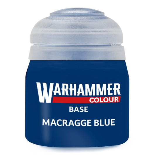 Warhammer Colour Base Macragge Blue paint can on a white background