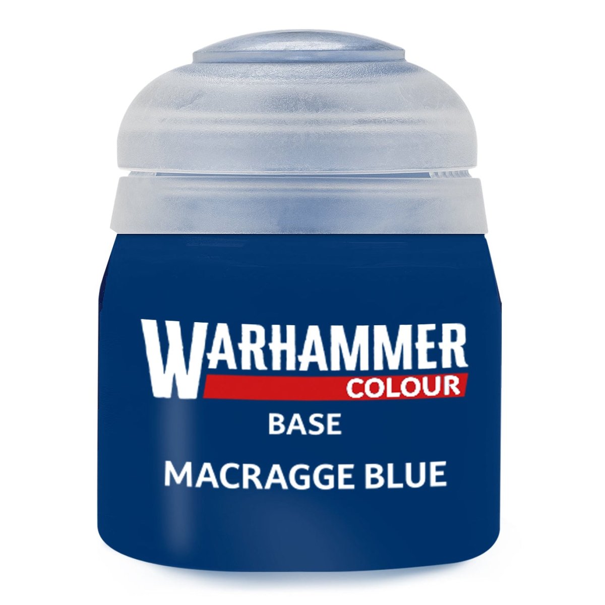 Warhammer Colour Base Macragge Blue paint can on a white background