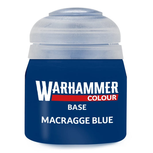 Warhammer Colour Base Macragge Blue paint can on a white background