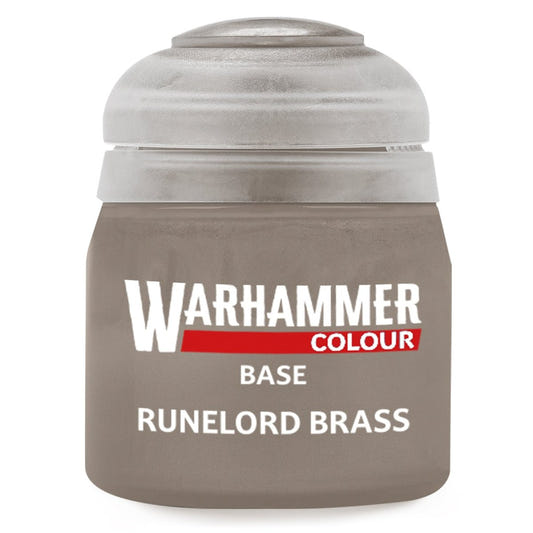 Warhammer Colour Runelord Brass paint jar on a white background