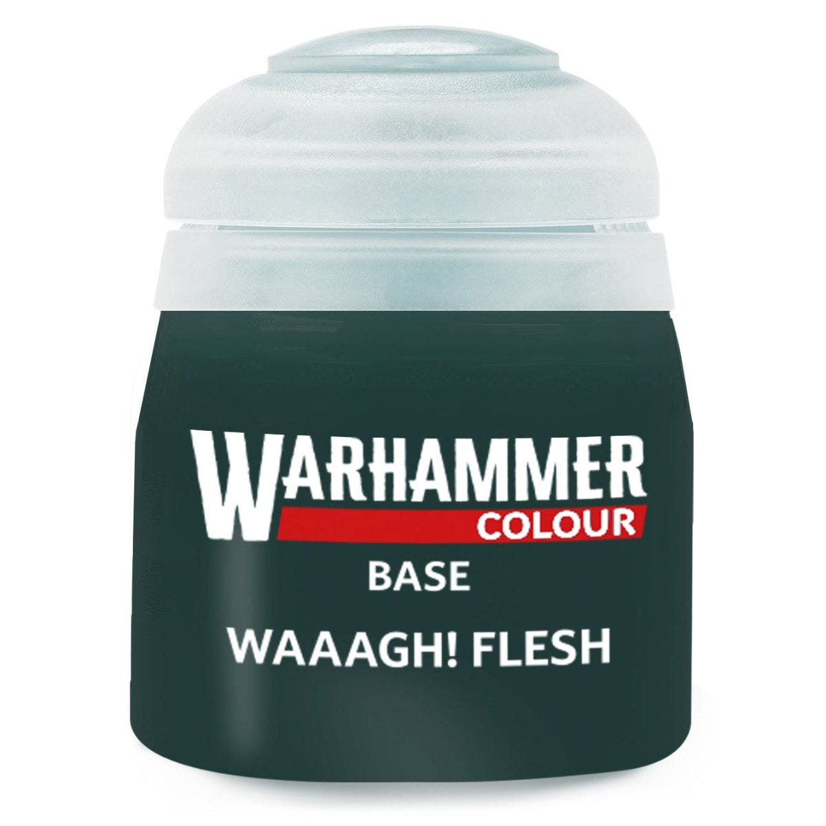 Warhammer Colour paint can labeled 'Waaagh! Flesh' on a white background