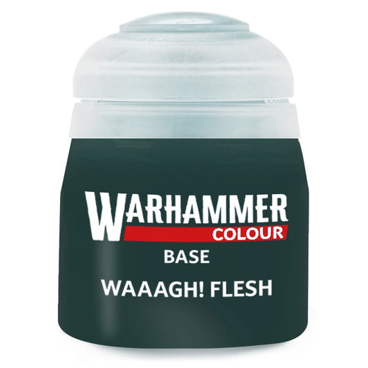 Warhammer Colour paint can labeled 'Waaagh! Flesh' on a white background