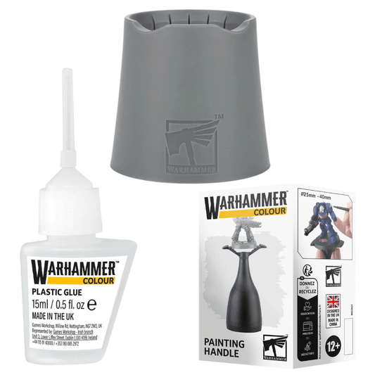 Warhammer product set with plastic glue, painting handle, and color guide on a white background