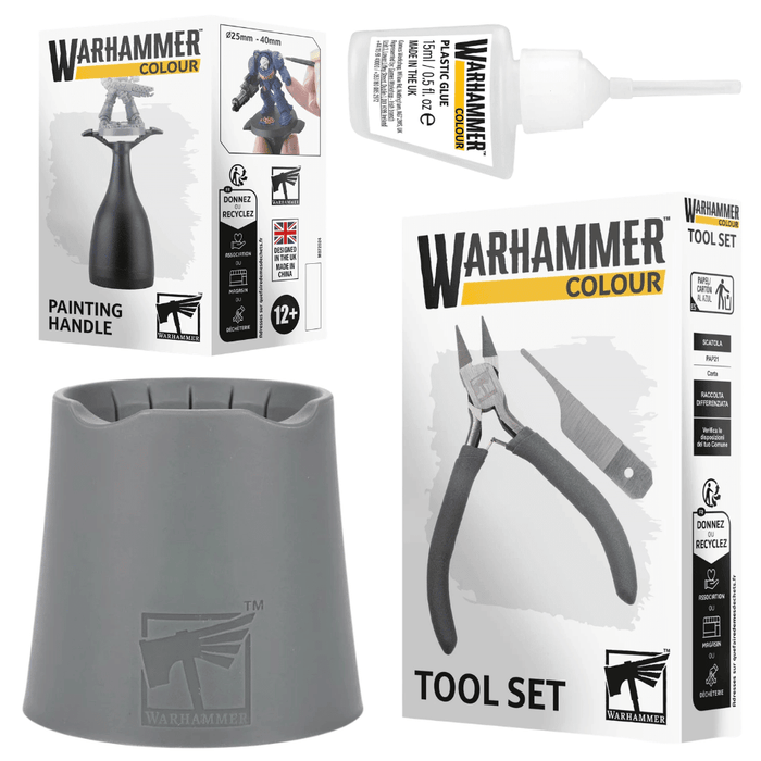 Warhammer Colour painting handle, tube of paint, and tool set on a white background