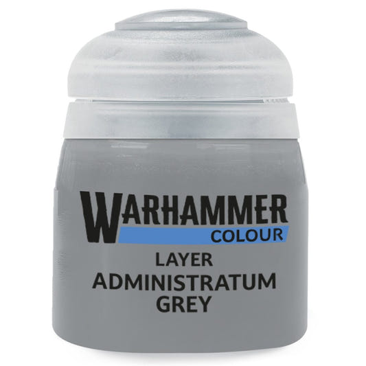 Warhammer paint can labeled 'Administatrum Grey' on a white background