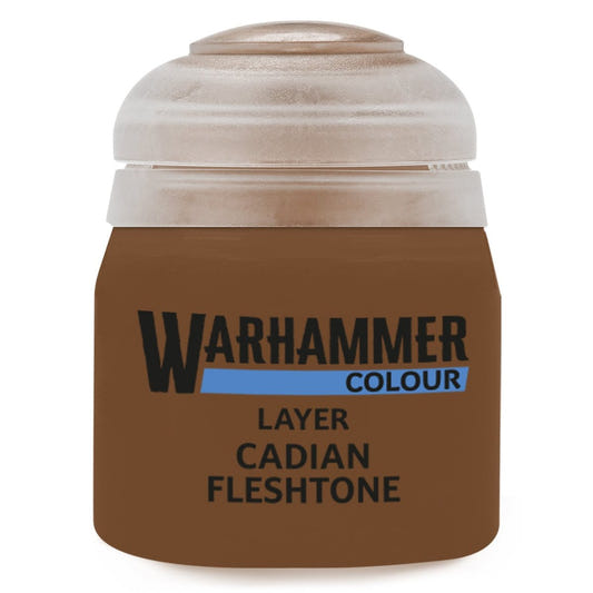 Warhammer Colour Layer Cadian Fleshtone paint jar on a white background