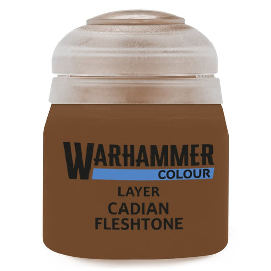 Warhammer Colour Layer Cadian Fleshtone paint jar on a white background