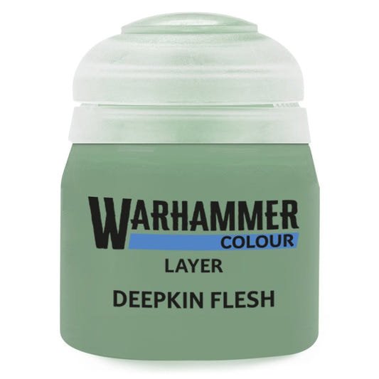 Green paint jar labeled 'Warhammer Colour Deepkin Flesh' on a white background