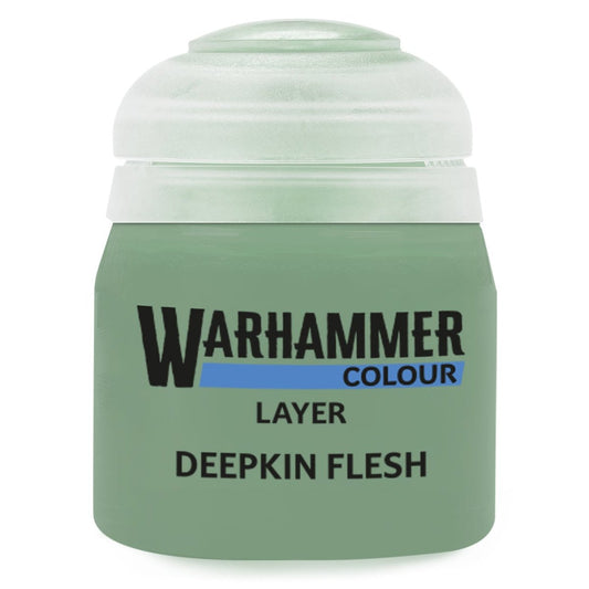 Green paint jar labeled 'Warhammer Colour Deepkin Flesh' on a white background