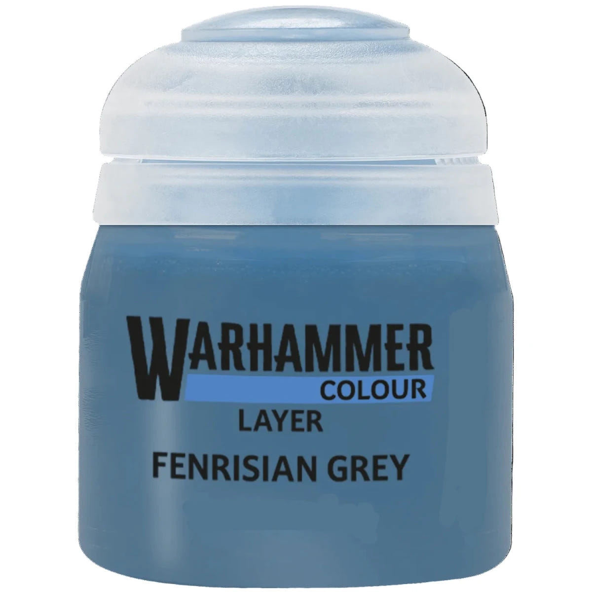 Blue paint jar labeled 'Warhammer Colour Fenrisian Grey' on a white background