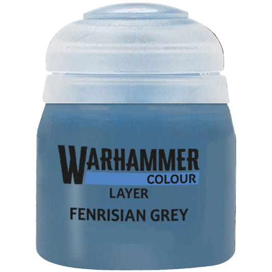 Blue paint jar labeled 'Warhammer Colour Fenrisian Grey' on a white background