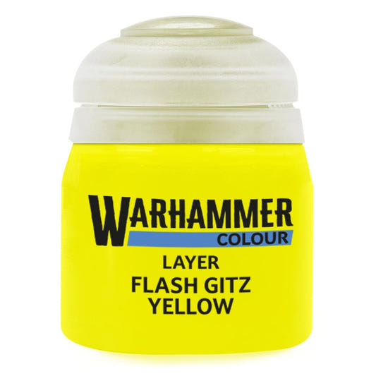Warhammer paint can with 'Flash Gitz Yellow' label on a white background