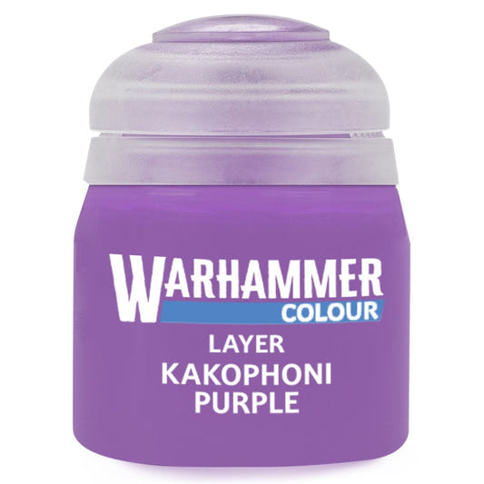 Purple paint jar labeled 'Warhammer Colour' with 'Kakophoni Purple' on a white background