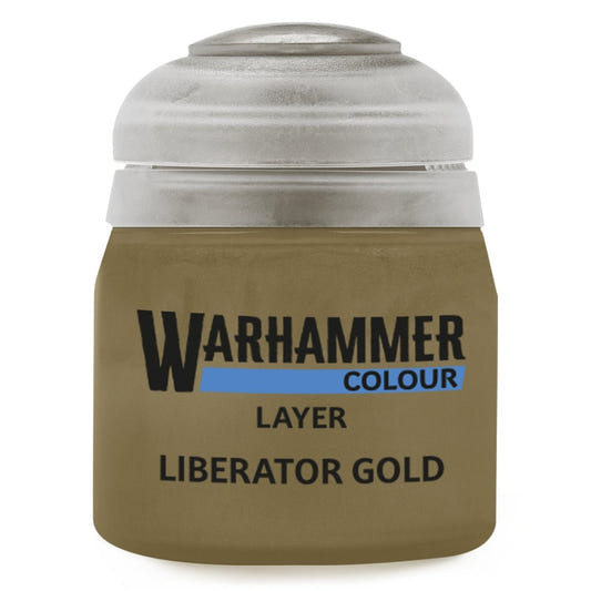 Warhammer Colour Layer Liberator Gold paint pot on a white background